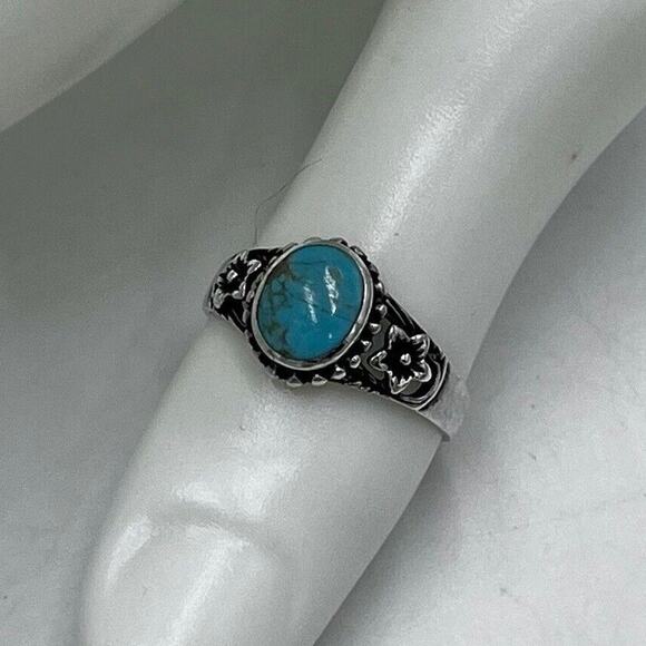 Natural Blue Cabochon‎ Turquoise Open Floral Sterling Silver 925 Ring Size 8.25 - Picture 1 of 11
